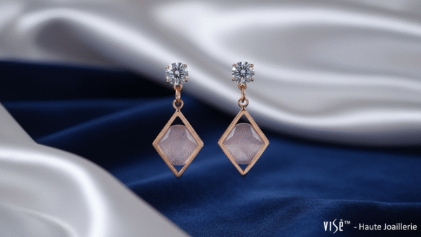 Gold Diamond Shaped Drop Earrings with Clear Stone
